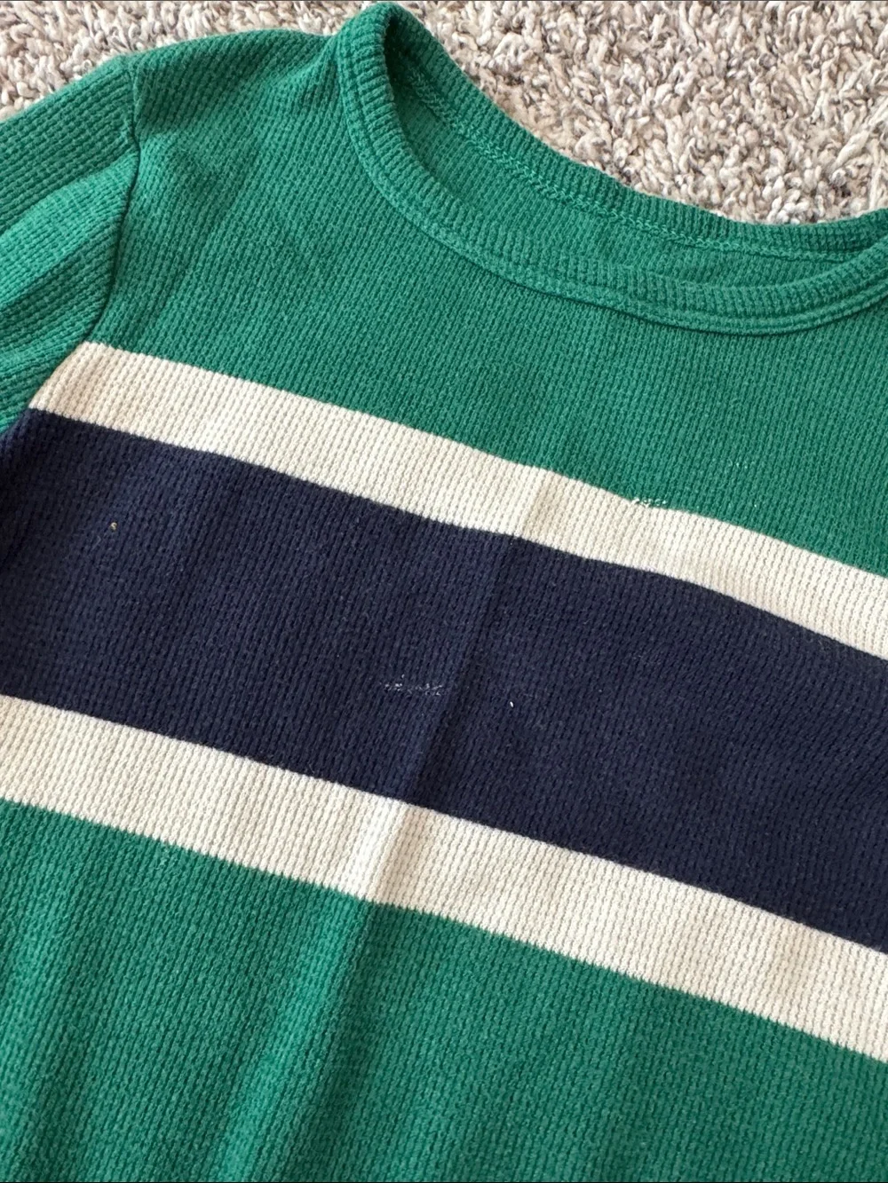 The Children's Place Green Knit Sweater with Navy and Cream Stripes